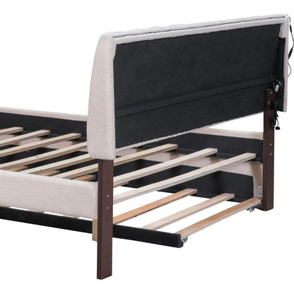 Teddy Fleece Full Size Upholstered Platform Bed with Trundle, Beige