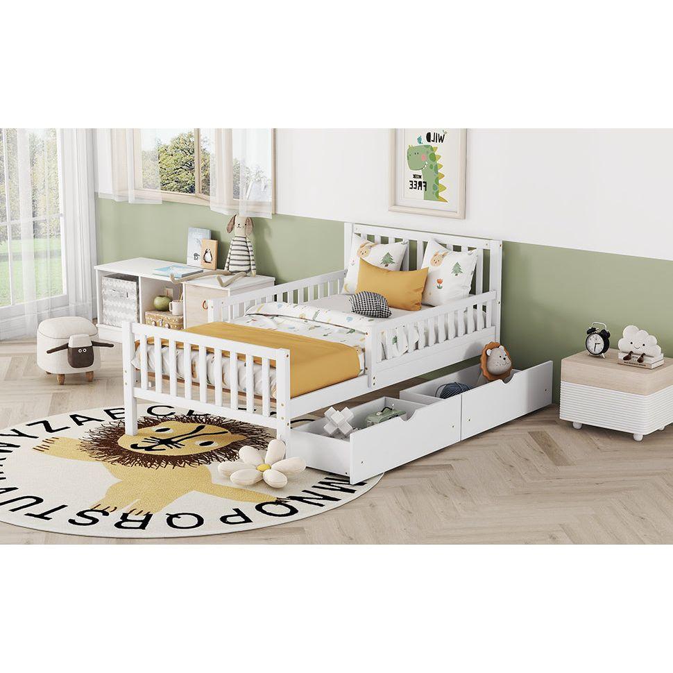 Twin Size Wood Platform Bed with Guardrails on Both Sides and Two Storage Drawers, White