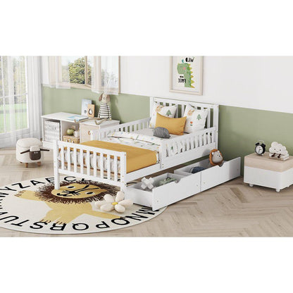Twin Size Wood Platform Bed with Guardrails on Both Sides and Two Storage Drawers, White
