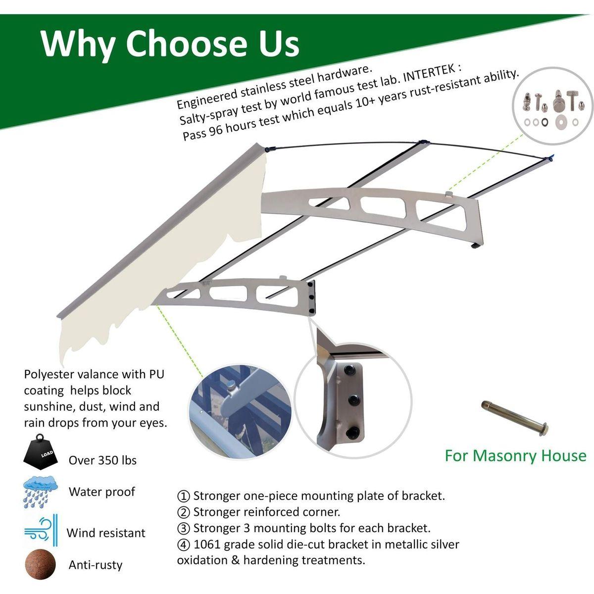 DA5934C Series Door Window Awning Canopy Made of 0.137Inch Thick Crystal Solid Polycarbonate Sheet and Aluminum Alloy with Valance in size of 59" Wide x 34" Deep for Masonry Concrete Wall House only.