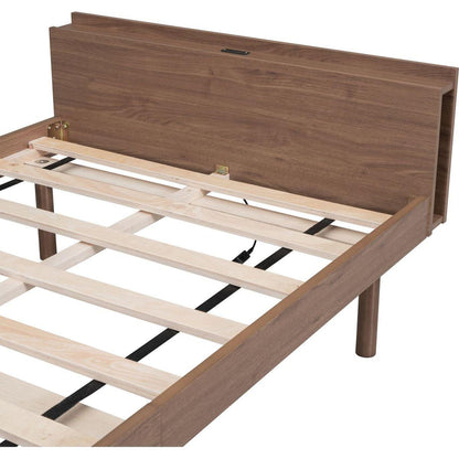 Modern Design Twin Size Platform Bed Frame with Built-in USB port for Walnut Color