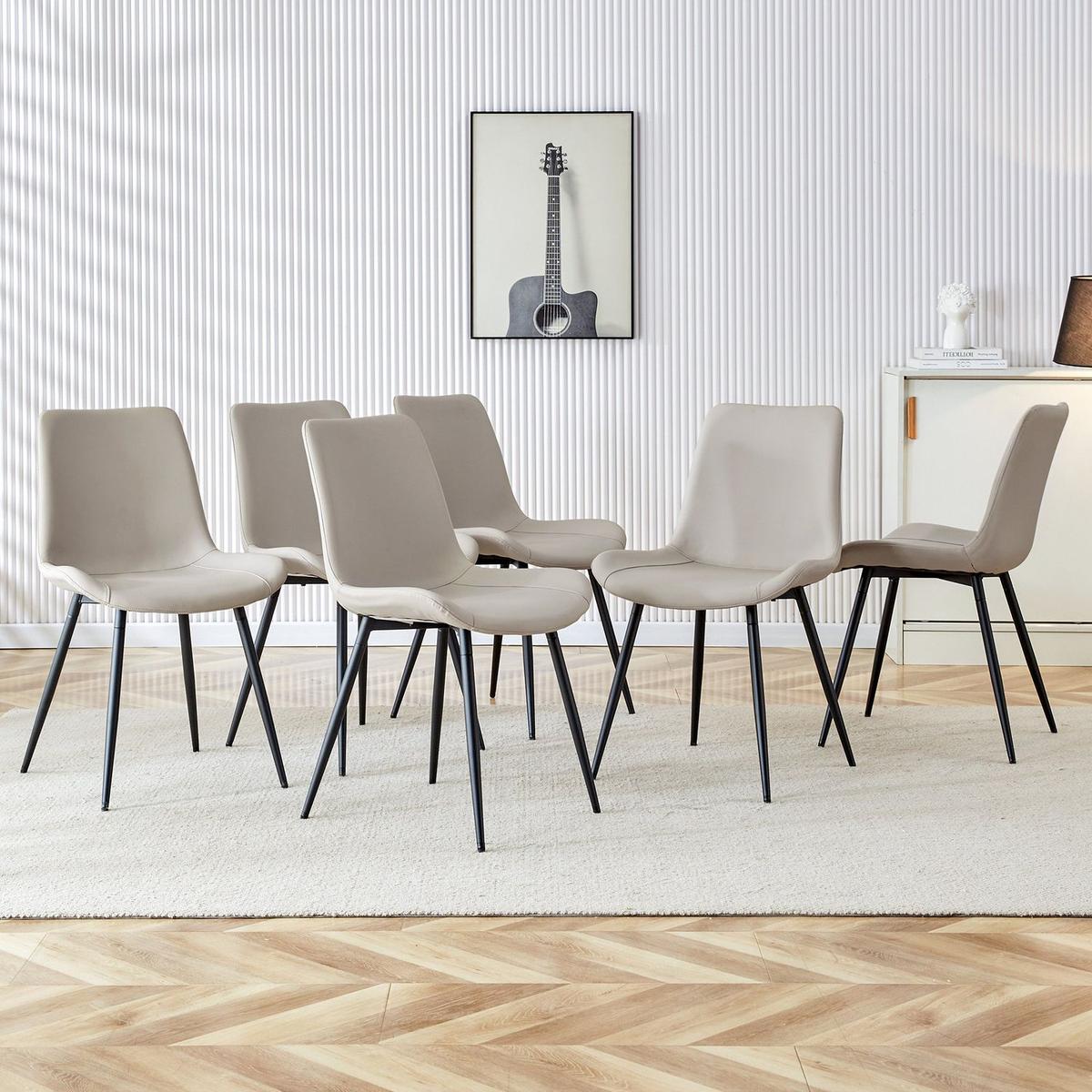 Light gray artificial leather backrest cushion dining chair, black metal legs, curved widened cushion design for more comfort, suitable for restaurants, kitchens, bedrooms, offices.(6 chairs) 0502