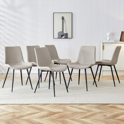 Light gray artificial leather backrest cushion dining chair, black metal legs, curved widened cushion design for more comfort, suitable for restaurants, kitchens, bedrooms, offices.(6 chairs) 0502