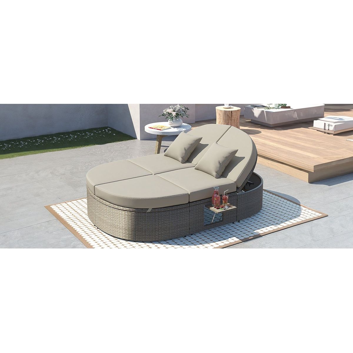 Outdoor Sun Bed Patio 2-Person Daybed with Cushions and Pillows, Rattan Garden Reclining Chaise Lounge with Adjustable Backrests and Foldable Cup Trays for Lawn,Poolside, Gray