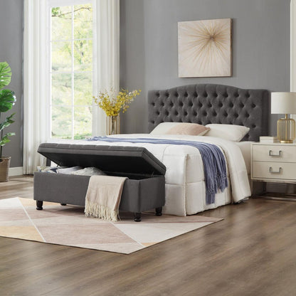 Upholstered tufted button storage bench, Linen fabric entry bench with spindle wooden legs, Bed bench- Dark Gray