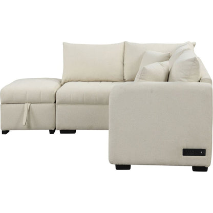 82.6" L-shaped Sectional Pull Out Sofa Bed Sleeper Sofa with Two USB Ports, Two Power Sockets and a Movable Storage Ottoman, Beige