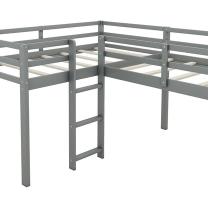 L-Shaped Twin Size Loft Bed with Ladder and Slide, Gray