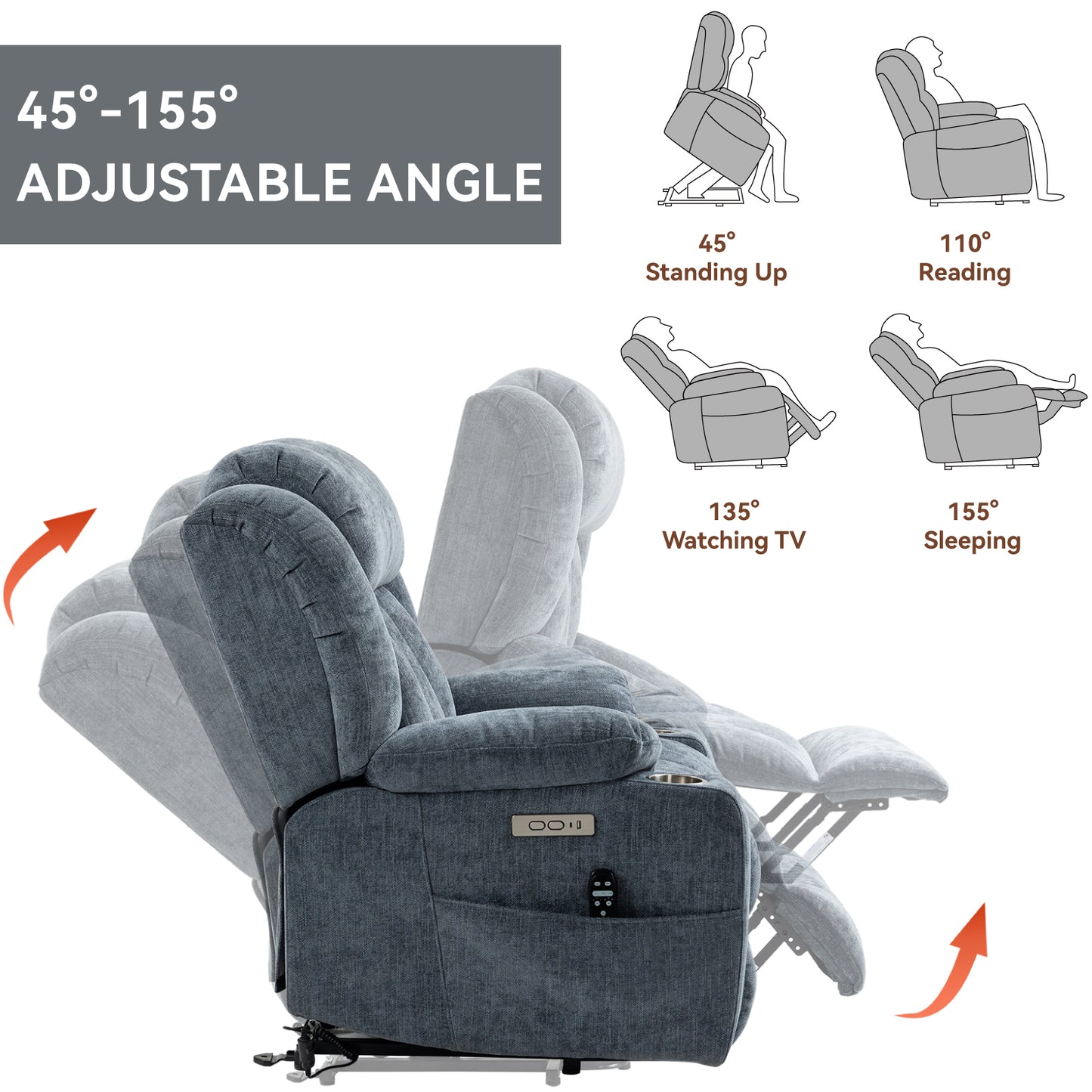 Up to 350 LBS Chenille Power Lift Recliner Chair, Heavy Duty Motion Mechanism with 8-Point Vibration Massage and Lumbar Heating, USB and Type-C Ports, Stainless Steel Cup Holders, Blue