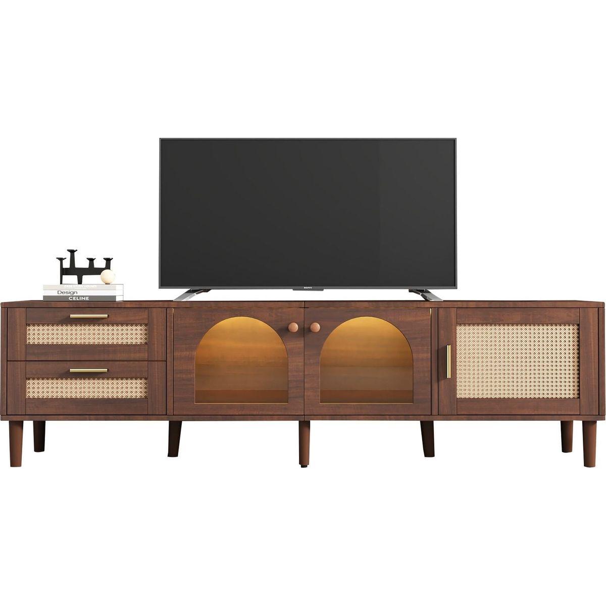 Rattan TV Stand with 3 Cabinets & 2 Drawers, Rattan-inspired Media Console Table for TVs up to 80", LED Light Entertainment Center, TV cabinet for Living room, Bedroom, Home Theatre - Streamdale Furniture