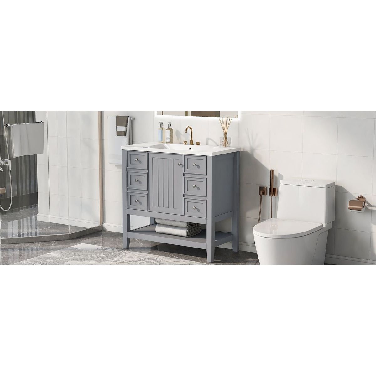 36" Bathroom Vanity with Sink Combo, One Cabinet and Three Drawers, Solid Wood and MDF Board, Grey