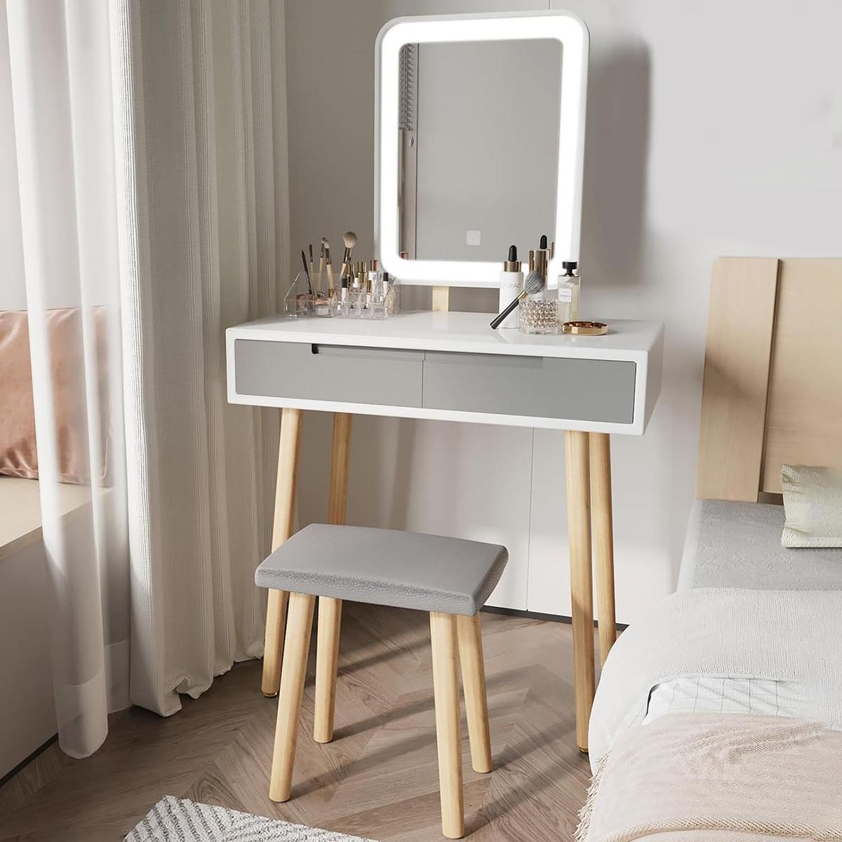 Vanity Table Set with Adjustable Brightness Mirror and Cushioned Stool, Dressing Table Vanity Makeup Table with Free Make-up Organizer