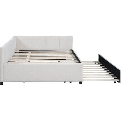 Full Size Upholstered Daybed with Trundle Sofa Bed Frame No Box Spring Needed, Linen Fabric(Beige)