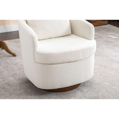 Boucle Fabric Swivel Accent Chair With Soild Wood Round Brown Base Leg,Ivory