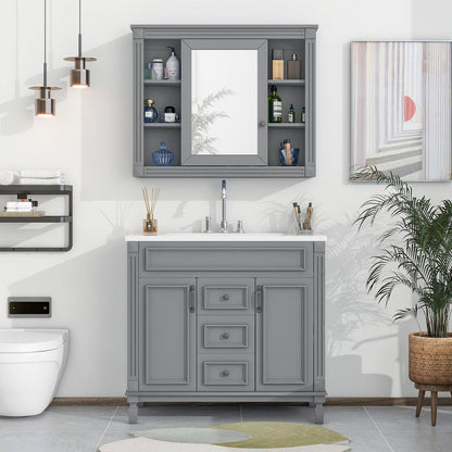 36" Bathroom Vanity with Top Sink, Grey Mirror Cabinet, Modern Bathroom Storage Cabinet with 2 Soft Closing Doors and 2 Drawers, Single Sink Bathroom Vanity