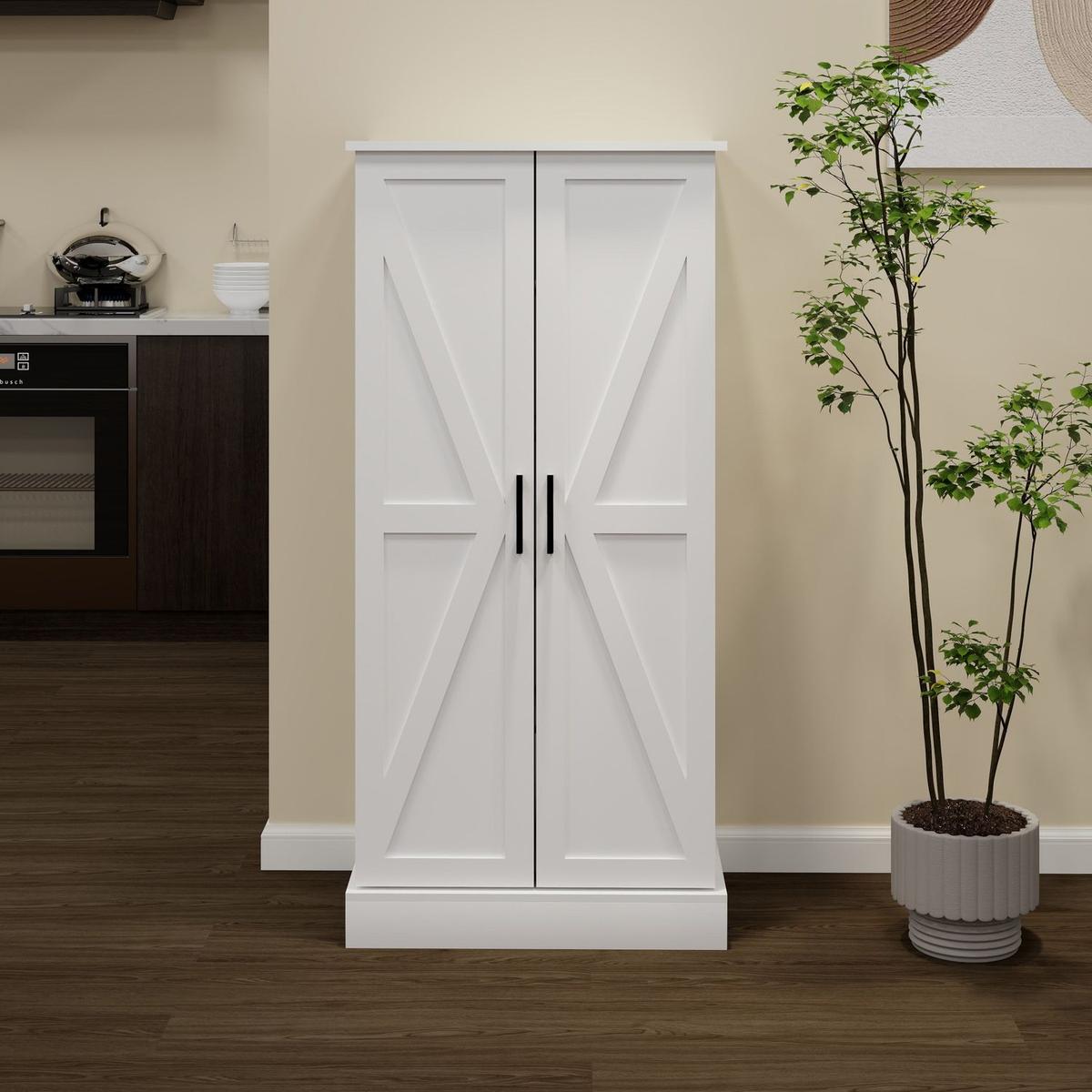 50" LED Kitchen Pantry Cabinet,Freestanding Buffet Cupboards Sideboard with 2 Doors with Racks and Shelves for Kitchen, Living Room and Dining Room-White