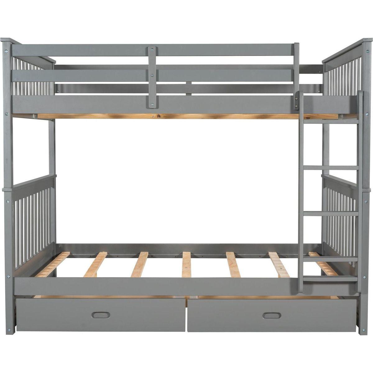 Full-Over-Full Bunk Bed with Ladders and Two Storage Drawers (Gray)