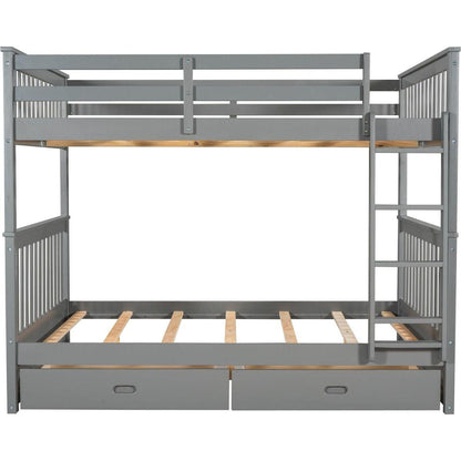 Full-Over-Full Bunk Bed with Ladders and Two Storage Drawers (Gray)