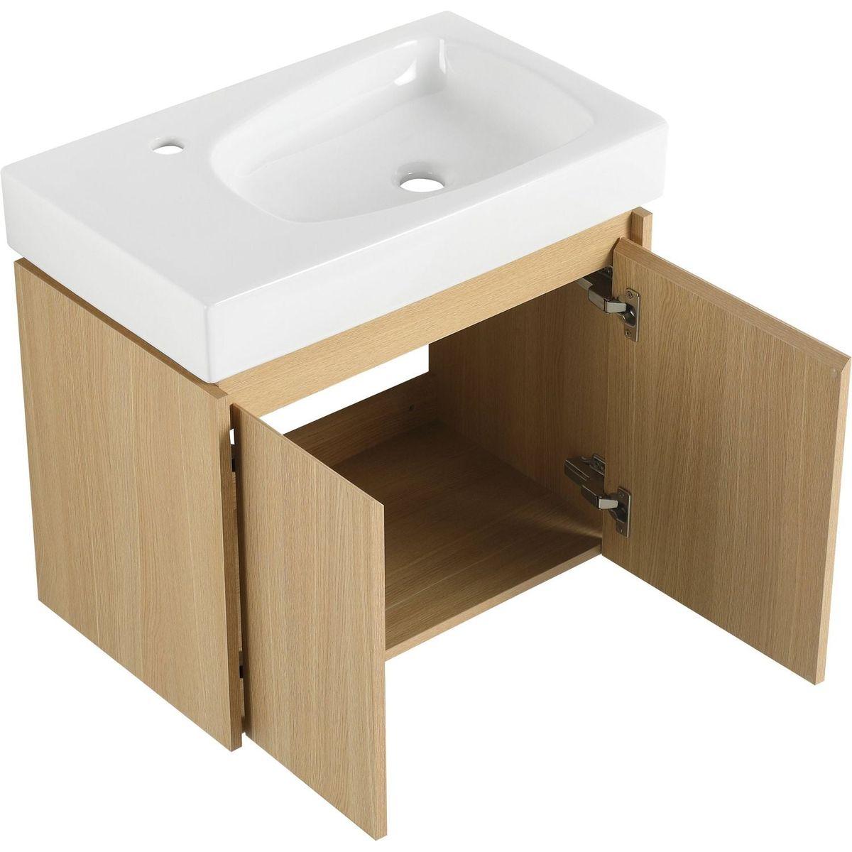 24 Inch Bathroom Vanity with Basin, Wall Mounted Floating Vanity Sink Combo, Wooden Storage Cabinet with Double Doors for Bathroom,Oak