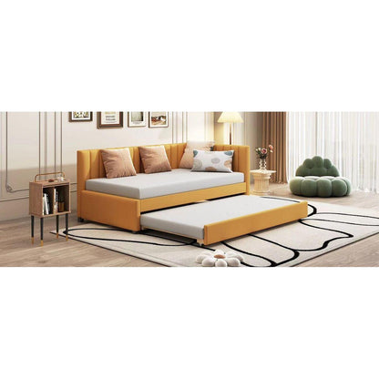 Upholstered Daybed with Trundle Twin Size Sofa Bed Frame No Box Spring Needed, Linen Fabric(Yellow)