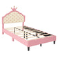 Twin Size Lovely Crown Fantasy PU Leather Princess Bed with Tufted Headboard, Pink+Cream