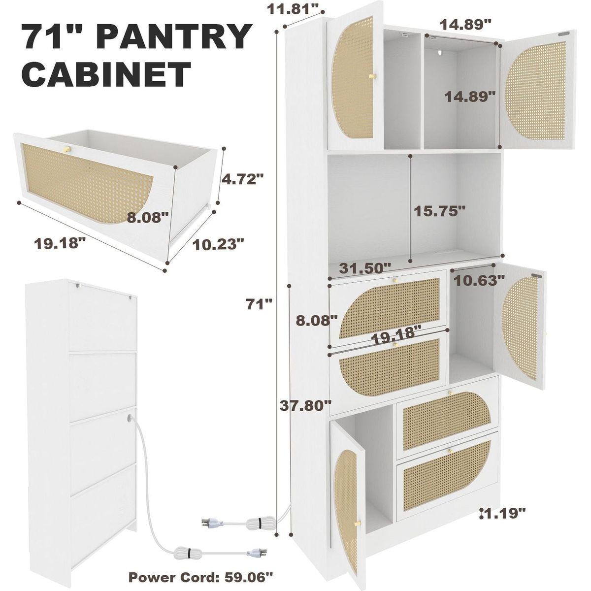 Storage Cabinet with Rattan Doors, Tall Freestanding Hutch Cabinet with Power Outlet,4 cabinet door and 4 Drawers& 1 Large Countertop, Buffet Drawer Cabinet door design