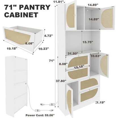 Storage Cabinet with Rattan Doors, Tall Freestanding Hutch Cabinet with Power Outlet,4 cabinet door and 4 Drawers& 1 Large Countertop, Buffet Drawer Cabinet door design