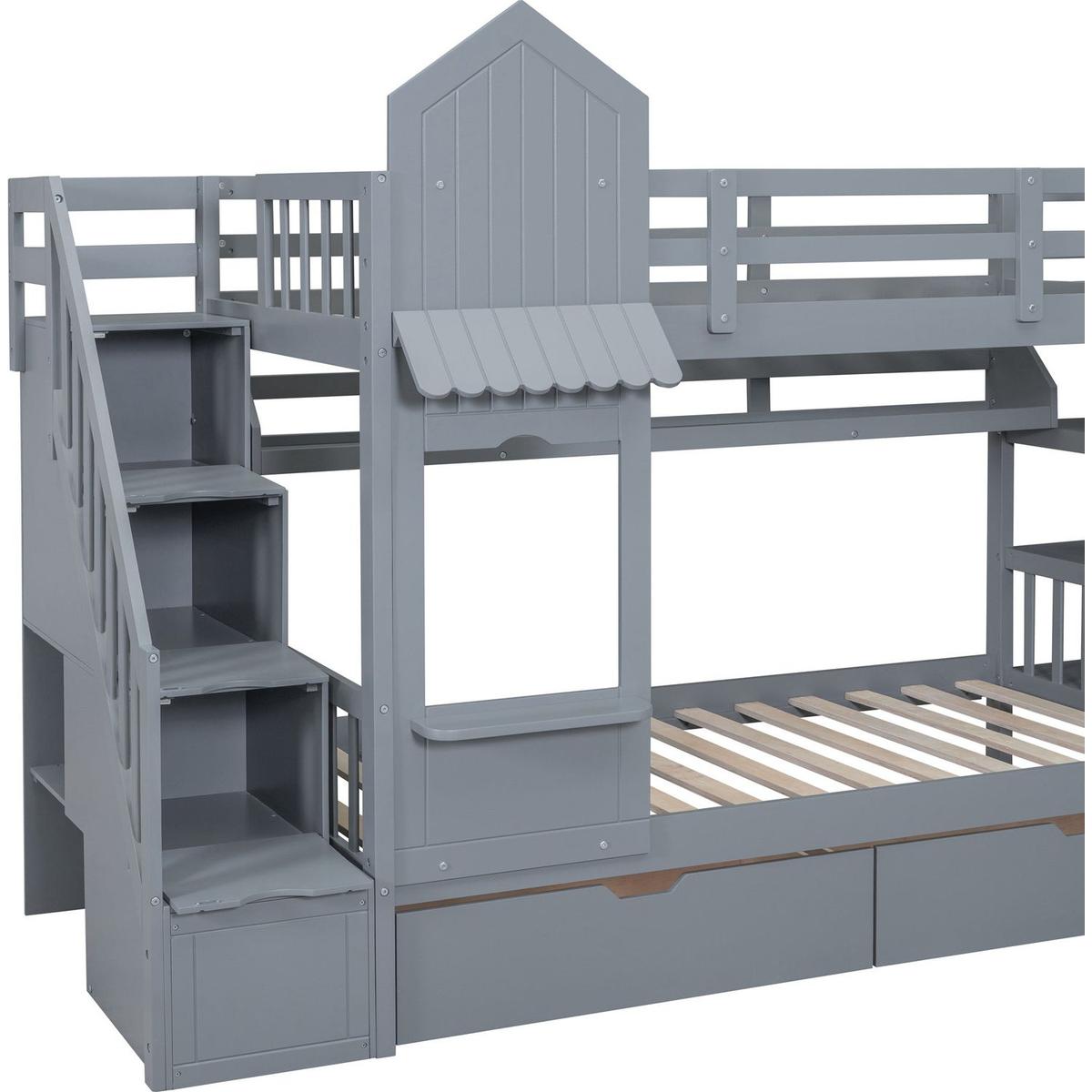 Twin-Over-Twin Castle Style Bunk Bed with 2 Drawers 3 Shelves and Slide - Gray