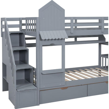 Twin-Over-Twin Castle Style Bunk Bed with 2 Drawers 3 Shelves and Slide - Gray