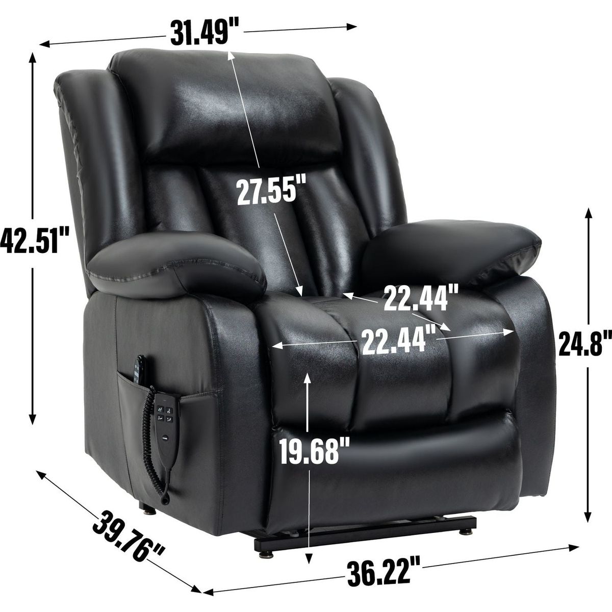 Dual Motor Infinite Position Up to 350 LBS Electric Medium size Genuine Leather Black Power Lift Recliner Chair with 8-Point Vibration Massage and Lumbar Heating