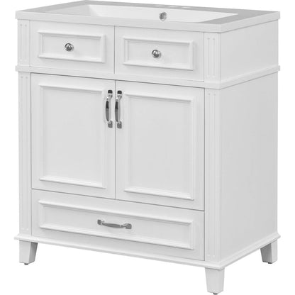 30" Bathroom Vanity with Resin Sink, Solid Wood Frame Bathroom Storage Cabinet with Soft Closing Doors, Retro Style, White