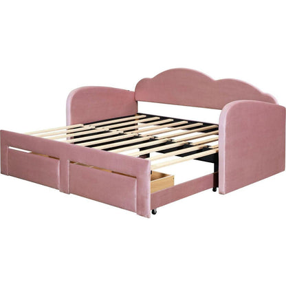 Twin Size Upholstered daybed with Cloud-Shaped Backrest, Trundle & 2 Drawers and USB Ports, Pink