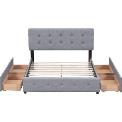 Upholstered Platform Bed with Classic Headboard and 4 Drawers, No Box Spring Needed, Linen Fabric, Queen Size Light Gray