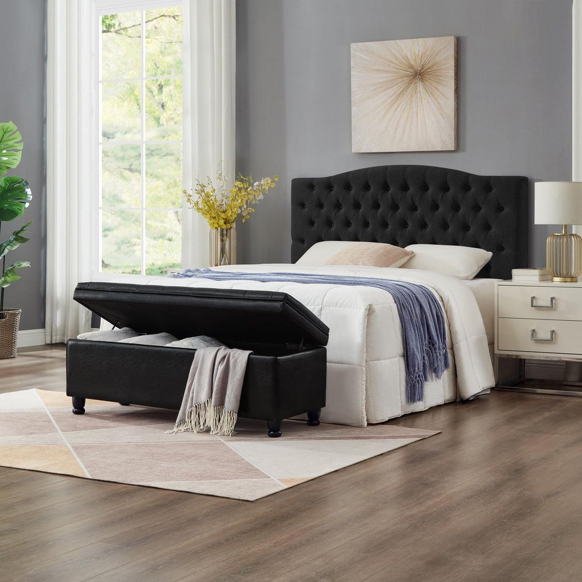 Upholstered tufted button storage bench, Faux leather entry bench with spindle wooden legs, Bed bench- Black