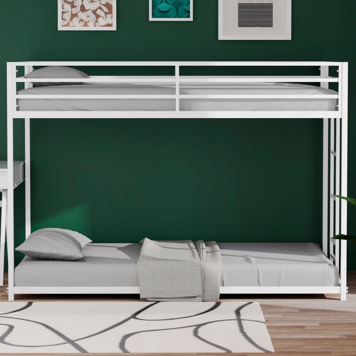 Adam Sturdy Twin over Twin Metal Bunk White for Kids and Adult, Low Profile and Easy Climbing with Stable Ladder