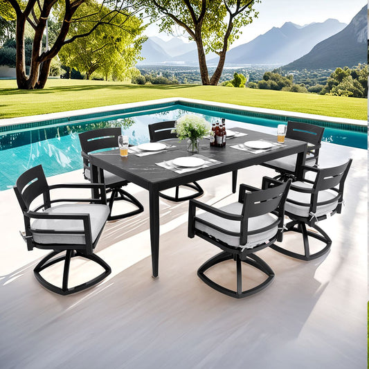 Modern 7-Piece Outdoor Patio Aluminum Dining Set, 35.5'x71' Rectangular Dining Table with Black Marble-Look Sintered Stone Top, Ember Black, 6 Swivel Rockers with Sunbrella Cushions