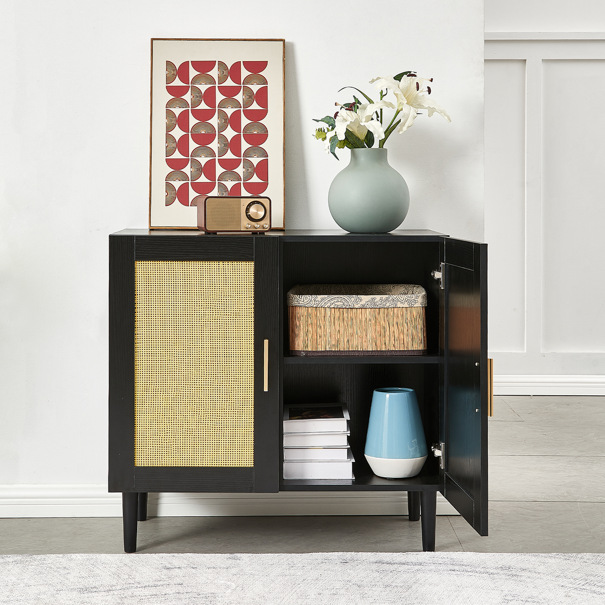 Side panel buffet cabinet with natural rattan door, rattan storage cabinet with adjustable shelves, side panel and buffet with storage space, modern console cabinet in bedroom and living room - Streamdale Furniture