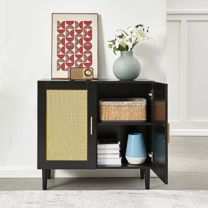 Side panel buffet cabinet with natural rattan door, rattan storage cabinet with adjustable shelves, side panel and buffet with storage space, modern console cabinet in bedroom and living room - Streamdale Furniture