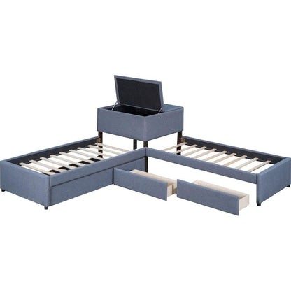 L-shaped Upholstered Platform Bed with Trundle and Two Drawers Linked with built-in Desk,Twin,Gray