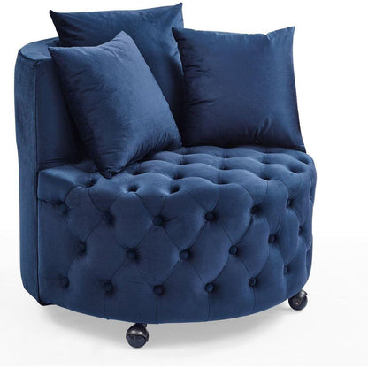 Velvet Upholstered Swivel Chair for Living Room, with Button Tufted Design and Movable Wheels, Including 3 Pillows, Blue