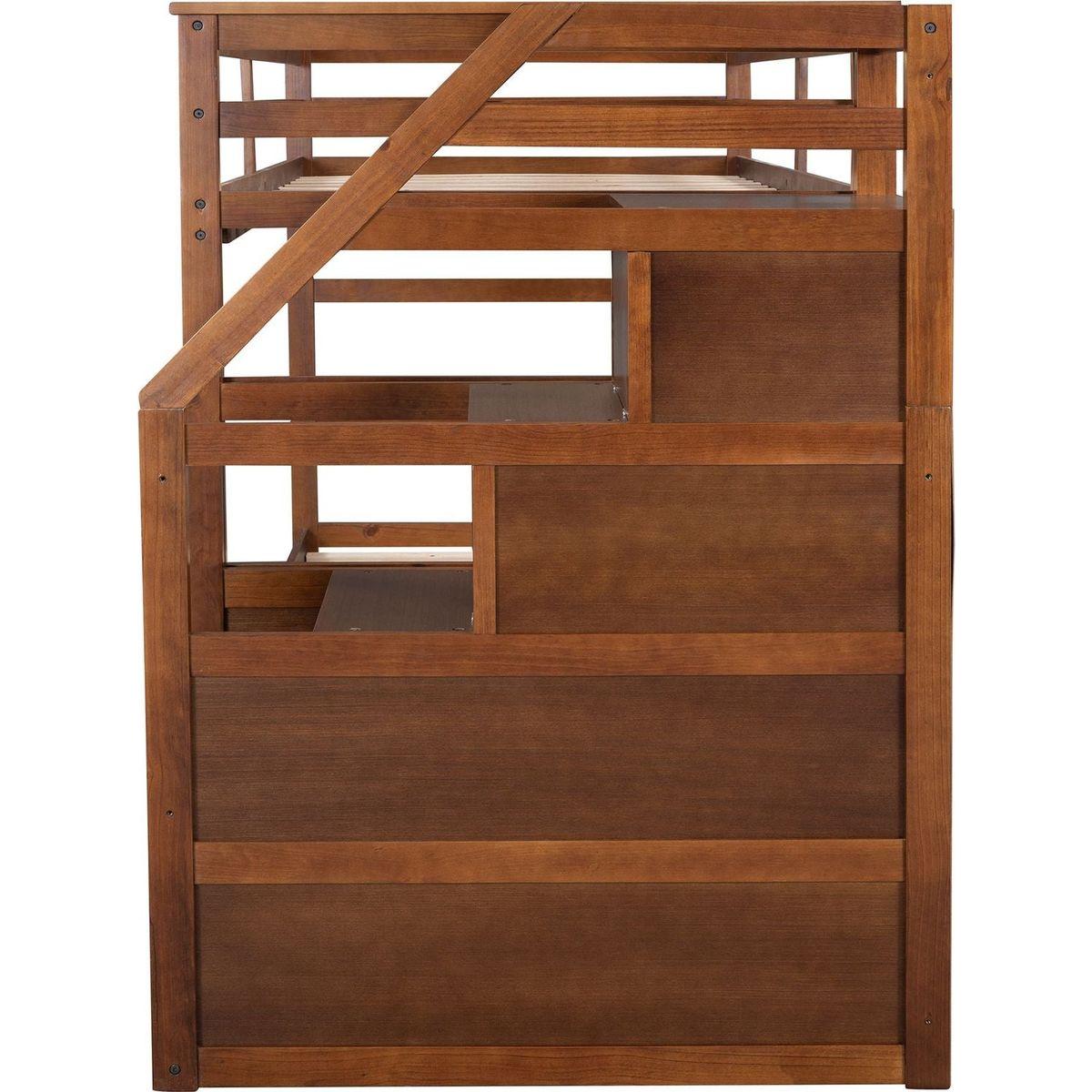 Twin-Over-Twin Bunk Bed with Twin Size Trundle and 3 Storage Stairs,Walnut