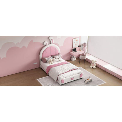 Twin Size Upholstered Platform Bed with Rabbit Shaped Headboard, White