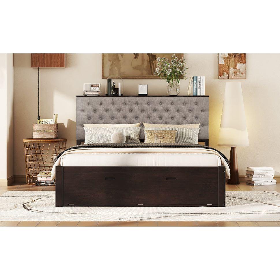 Wood Queen Size Platform Bed with Storage Headboard, shoe rack and 4 drawers,Espresso