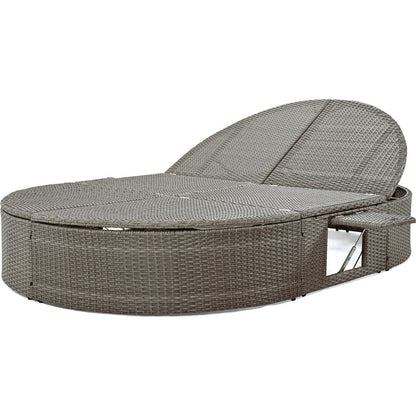 Outdoor Sun Bed Patio 2-Person Daybed with Cushions and Pillows, Rattan Garden Reclining Chaise Lounge with Adjustable Backrests and Foldable Cup Trays for Lawn,Poolside, Gray