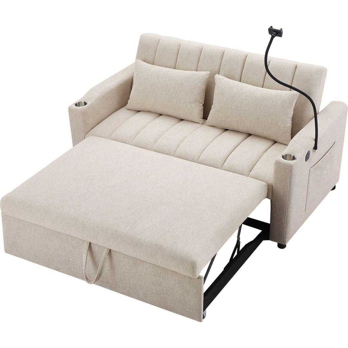 55.9" Convertible Sofa Bed Loveseat Sofa with Three USB Ports, Two Side Pockets, Two Cup Holders and 360Swivel Phone Holder for Living Room, Beige