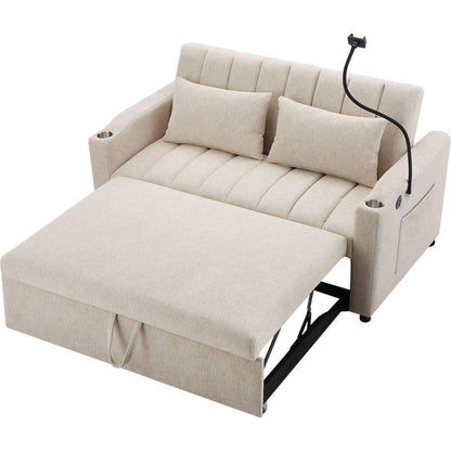 55.9" Convertible Sofa Bed Loveseat Sofa with Three USB Ports, Two Side Pockets, Two Cup Holders and 360Swivel Phone Holder for Living Room, Beige