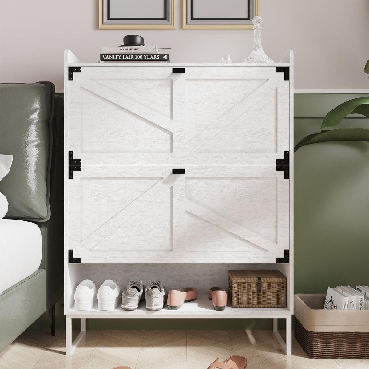 Shoe Cabinet with 2 Flip Drawers,Shoe Storage Cabinet for Entryway,Freestanding Shoe Cabinet Organizer with Open Storage,Narrow Farmhouse Shoe Rack with Metal Corner Decoration Legs,White