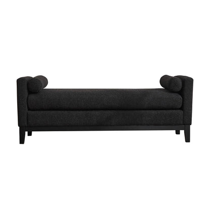 Elegant Upholstered Bench, Daybed, Ottoman with Wood Legs & 2 Bolster Pillows, Black Boucle, 66.34'