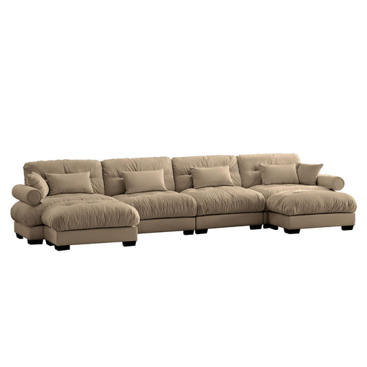 Modern Velvet U Shaped Sectional Sofa Cloud Couch with Movable Ottomans and Bolstered Armrests in Camel