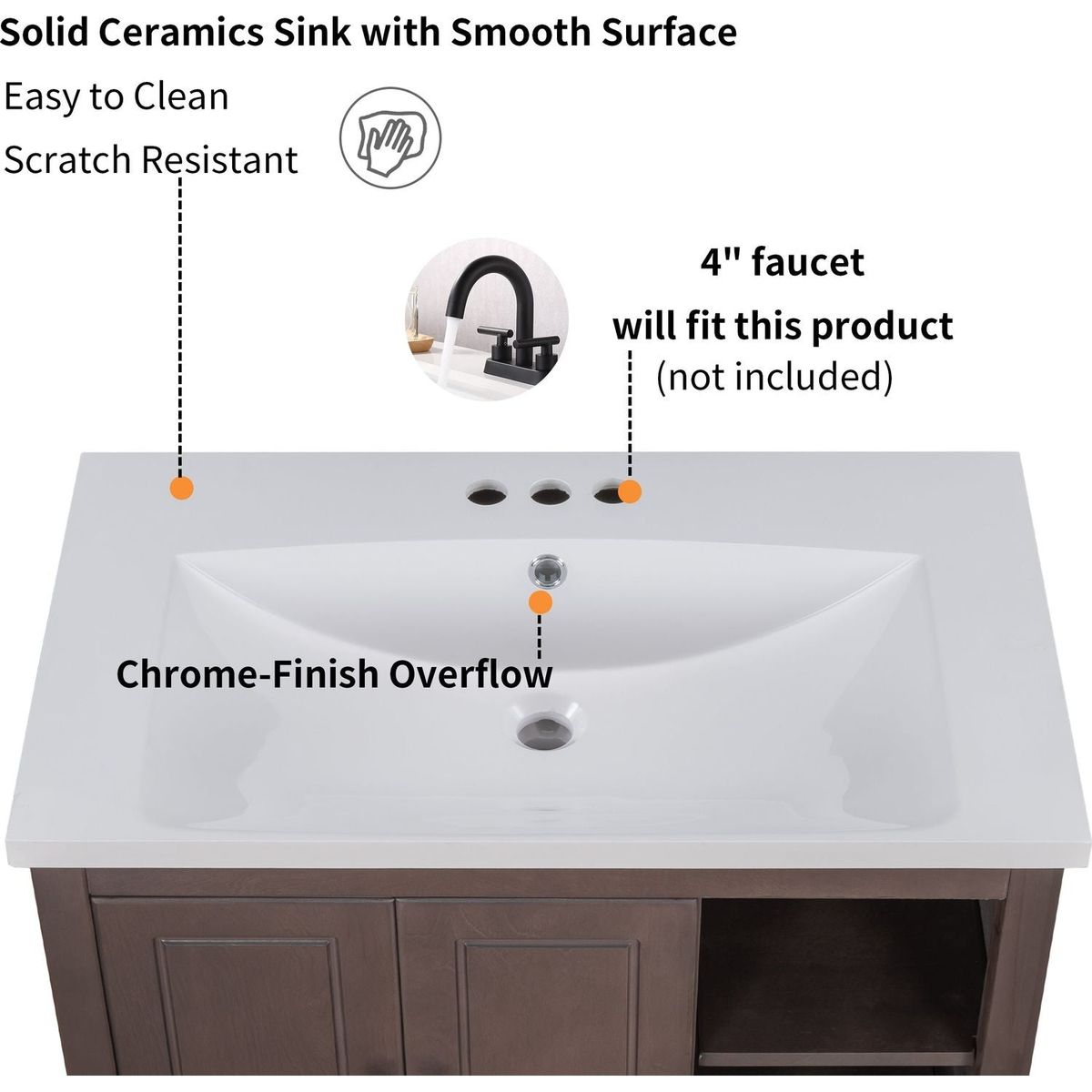 30" Bathroom Vanity with Sink, Bathroom Storage Cabinet with Doors and Drawers, Solid Wood Frame, Ceramic Sink, Brown