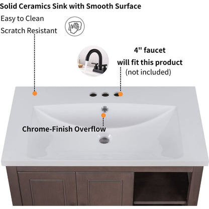 30" Bathroom Vanity with Sink, Bathroom Storage Cabinet with Doors and Drawers, Solid Wood Frame, Ceramic Sink, Brown